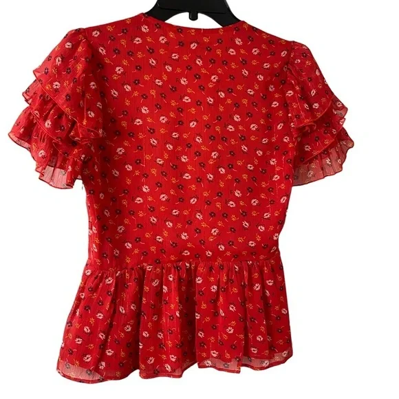 Madewell Floral Tiered Sleeves Peplum Top. Shimmery Red  Sz 00 - Picture 5 of 12